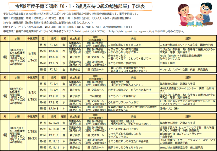 令和8年度0・1・2歳児を持つ親の勉強部屋予定表