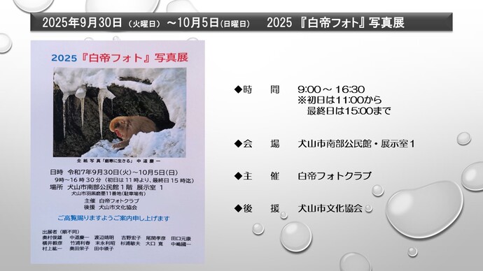 2025白帝フォト写真展　　9月30日から10月5日まで　犬山市南部公民館・展示室1にて開催　時間は午前9時から午後4時30分まで