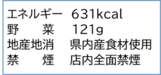 エネルギー631キロカロリー、野菜121グラム、県内産食材使用、店内全面禁煙