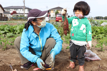 掘ったサツマイモを母親に見せつける子ども