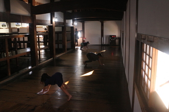 夕日の差し込む犬山城で床みがきを行う参加者