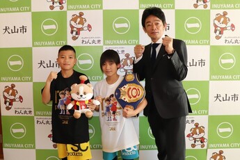 （左から）清瀬琥生さん、愛莉さん、原市長の写真