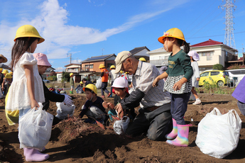 サツマイモ掘りをする園児と（中央左）と石田さん（中央右）の写真